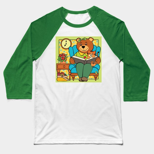 Maw Bear Reading to Cat Baseball T-Shirt by Sue Cervenka